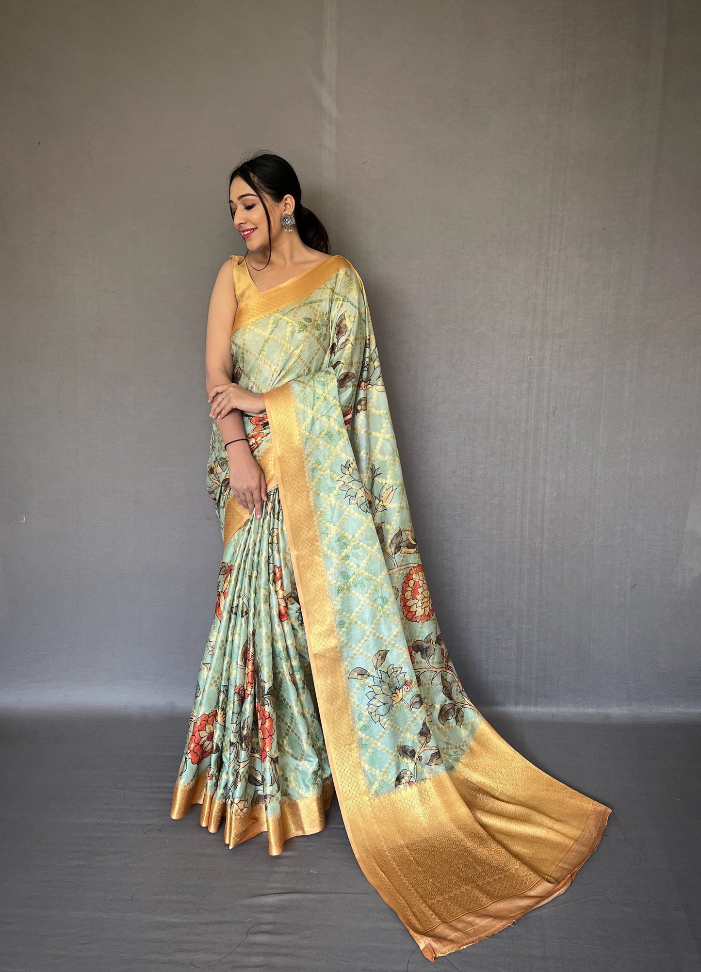 Floral Printed Light Green Color Zari Weaving Work Saree