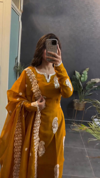 Wonderful Thread Work Mustard Color Kurti Pant With Dupatta