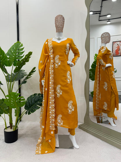 Wonderful Thread Work Mustard Color Kurti Pant With Dupatta