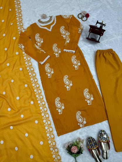 Wonderful Thread Work Mustard Color Kurti Pant With Dupatta