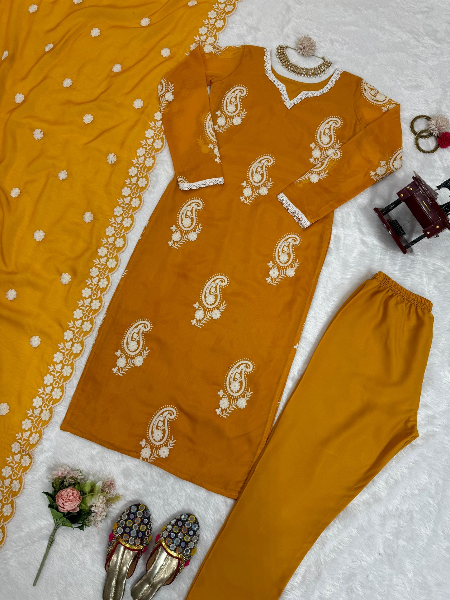 Wonderful Thread Work Mustard Color Kurti Pant With Dupatta