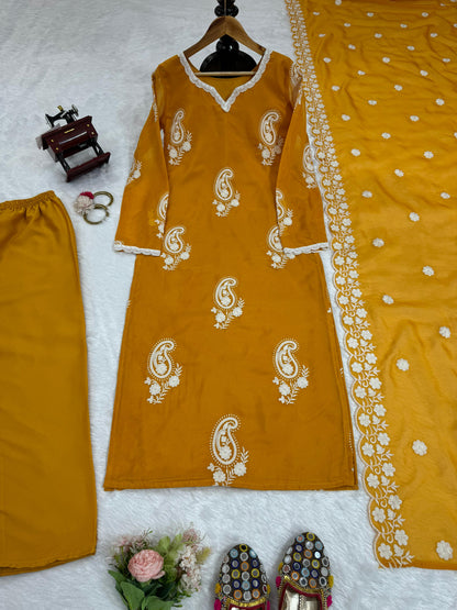 Wonderful Thread Work Mustard Color Kurti Pant With Dupatta