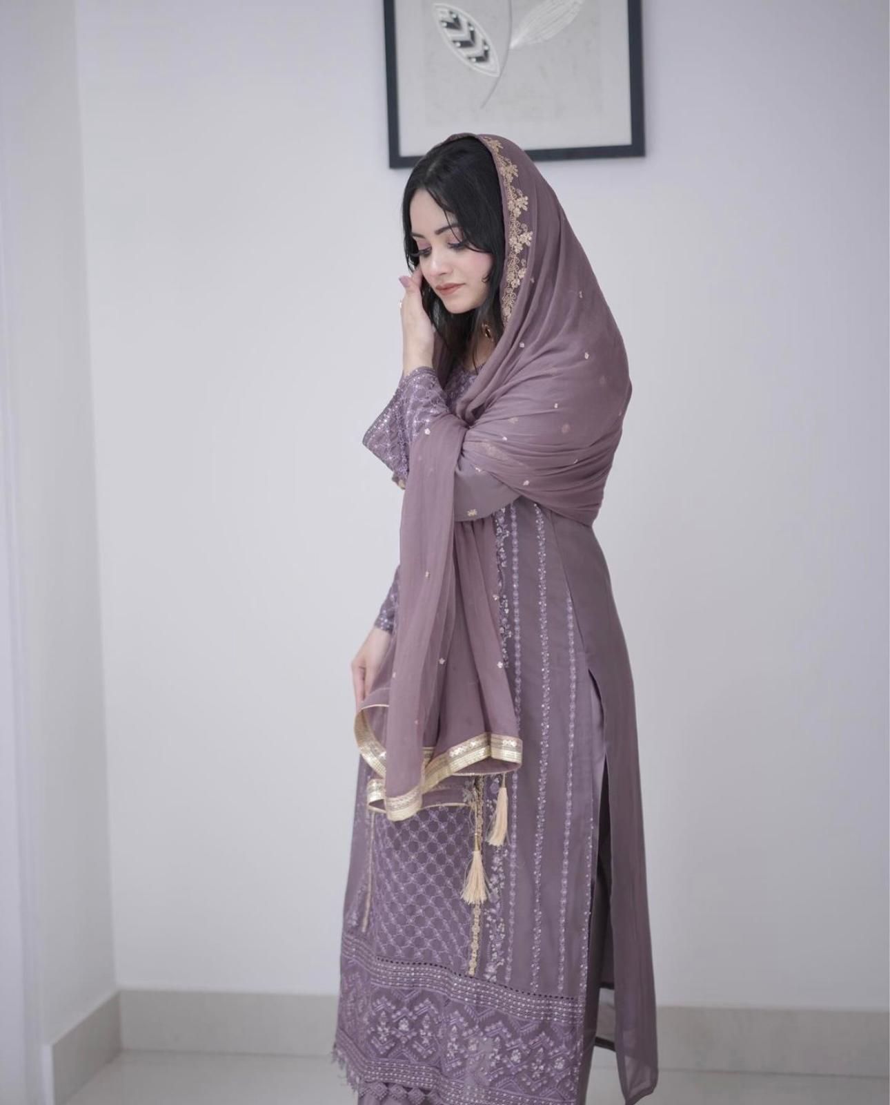 Classic Lavender Color  Embroidery Work Kurti Pant With Dupatta