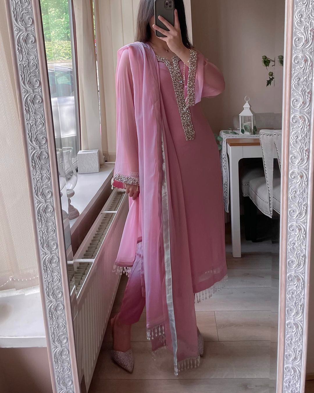 Desirable Fancy Pink Faux Georgette Real Moti Hand Work Top And Pent With Dupatta