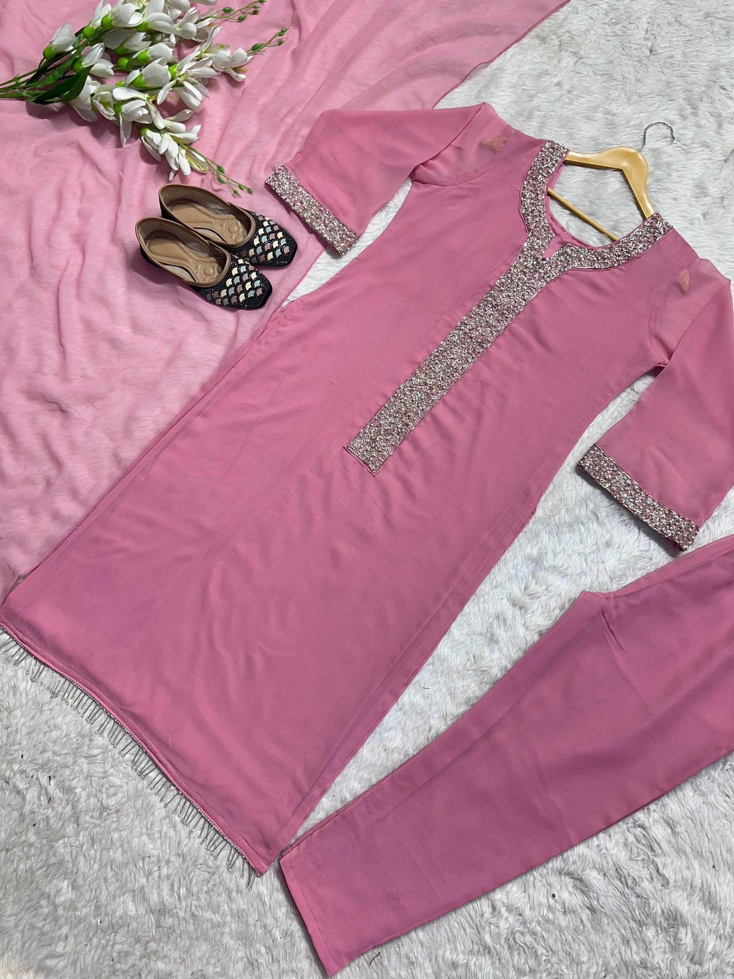 Desirable Fancy Pink Faux Georgette Real Moti Hand Work Top And Pent With Dupatta