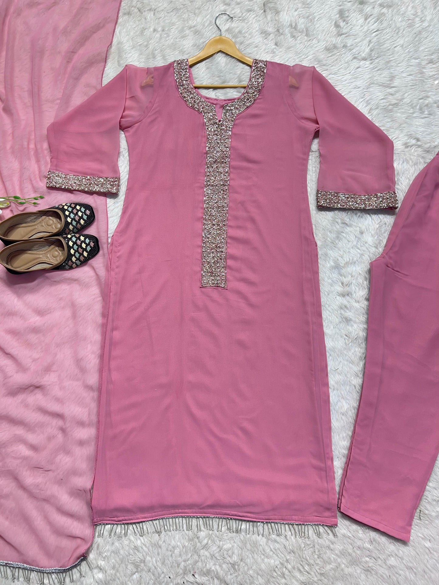 Desirable Fancy Pink Faux Georgette Real Moti Hand Work Top And Pent With Dupatta