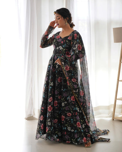 Organza Silk Multi Flower Print Black Color Anarkali Gown