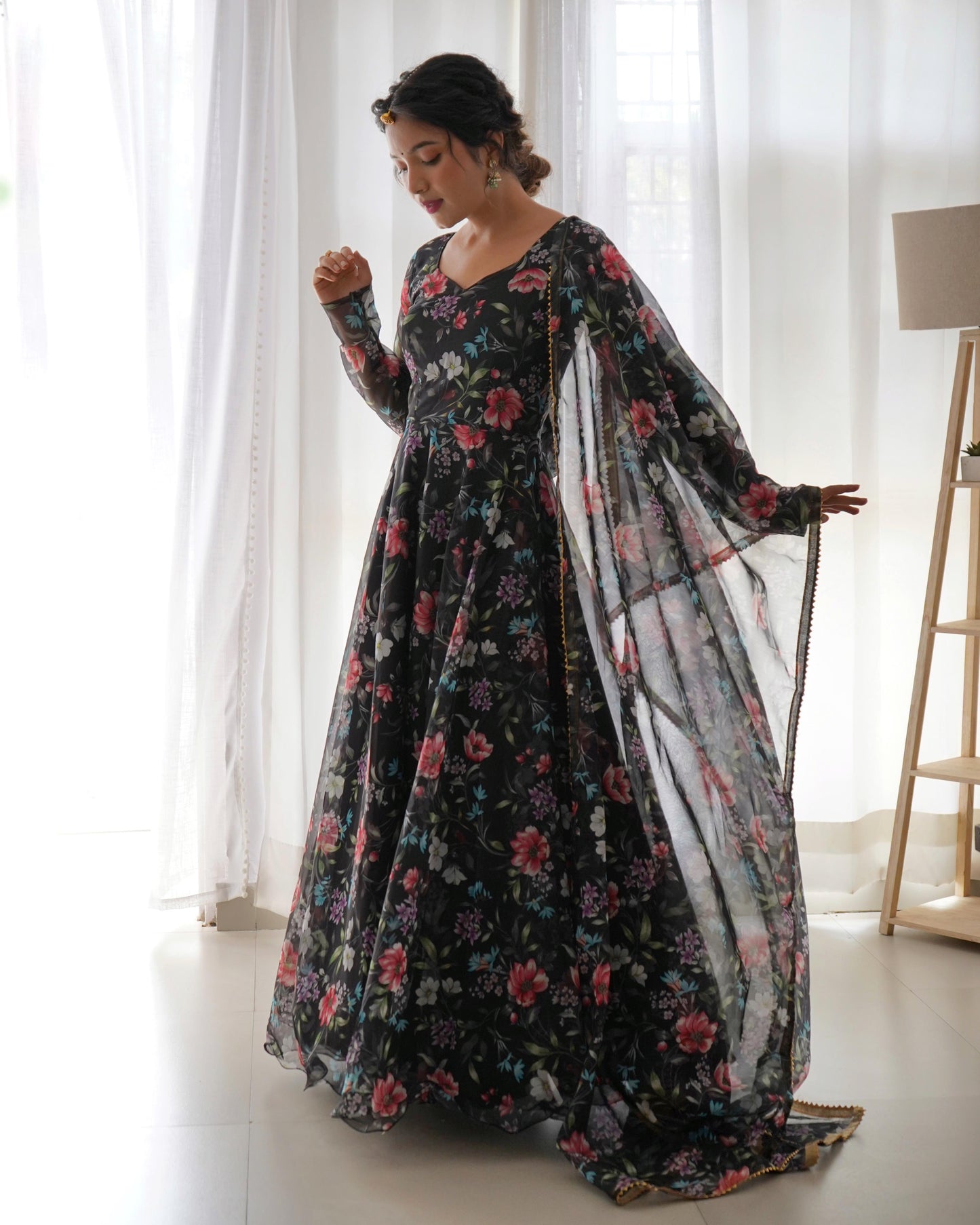 Organza Silk Multi Flower Print Black Color Anarkali Gown