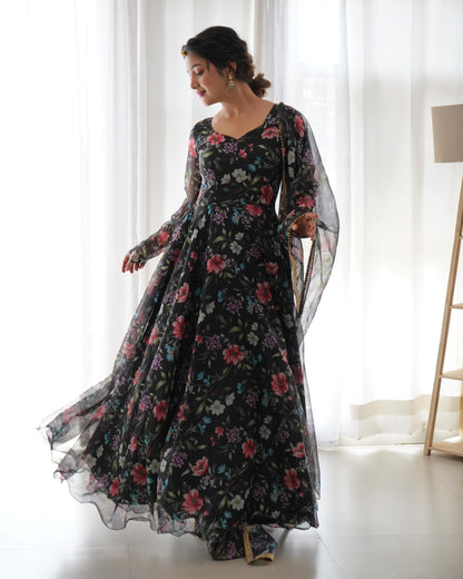 Organza Silk Multi Flower Print Black Color Anarkali Gown