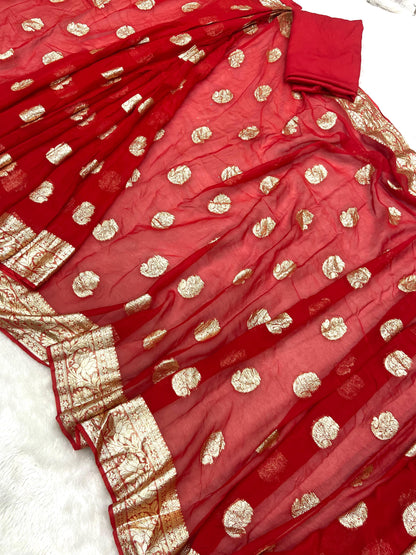 Wedding Wear Jacquard Design Red Color Ready To Wear Saree