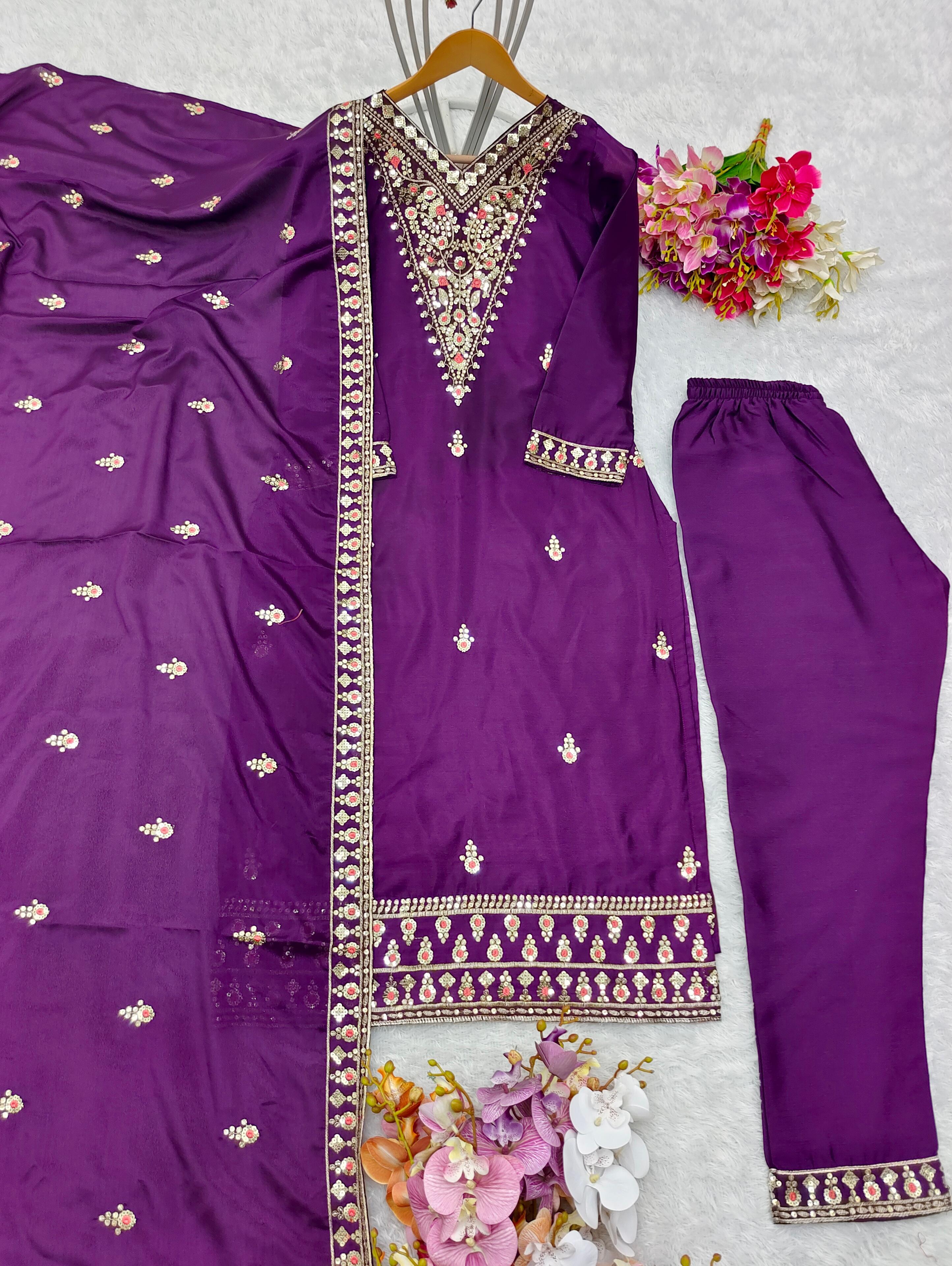 Glossy Purple Sequence Embroidery Work Salwar Suit