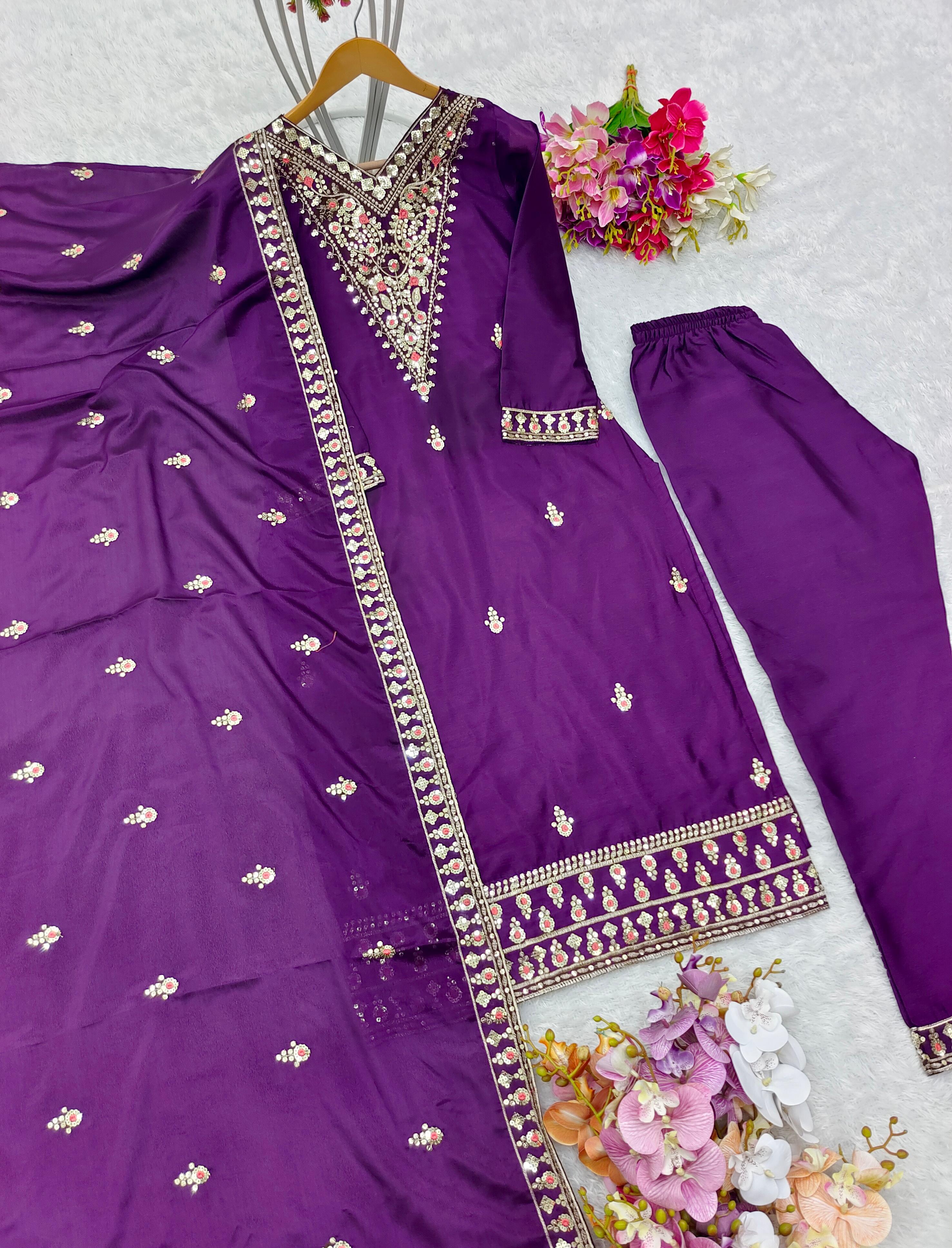 Glossy Purple Sequence Embroidery Work Salwar Suit