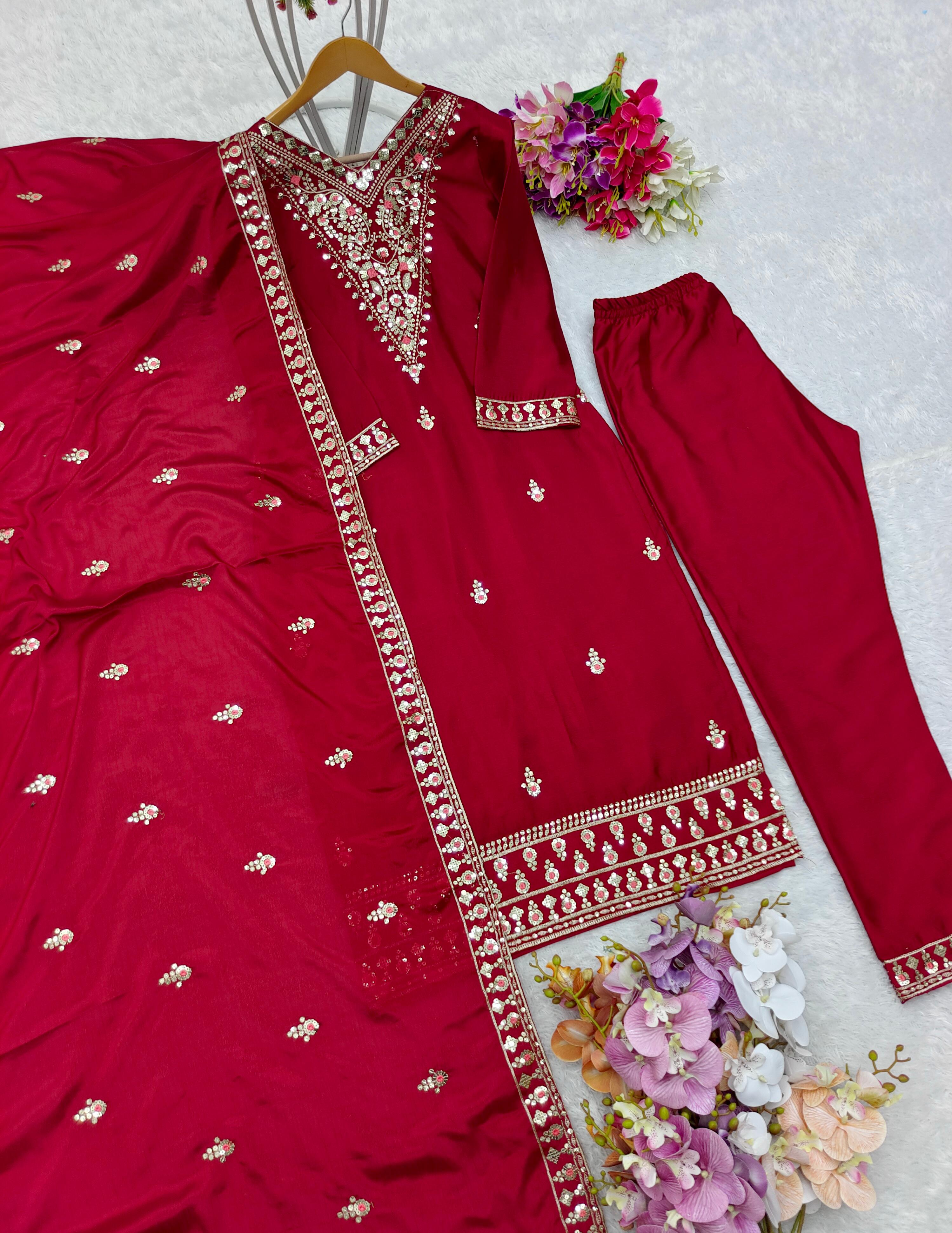 Glossy Red Sequence Embroidery Work Salwar Suit