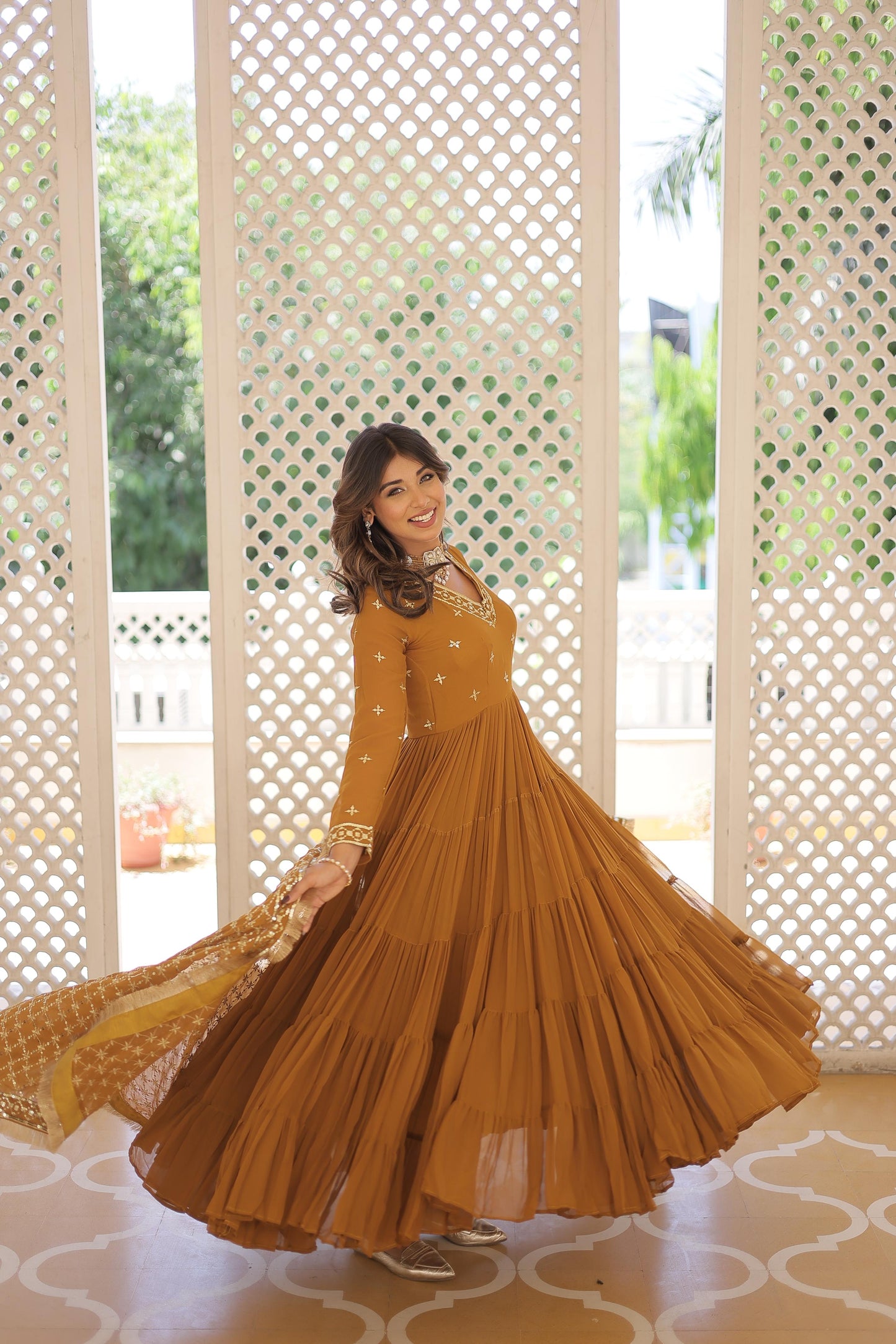 Ruffle Flair With Embroidery Work Mustard Color Gown