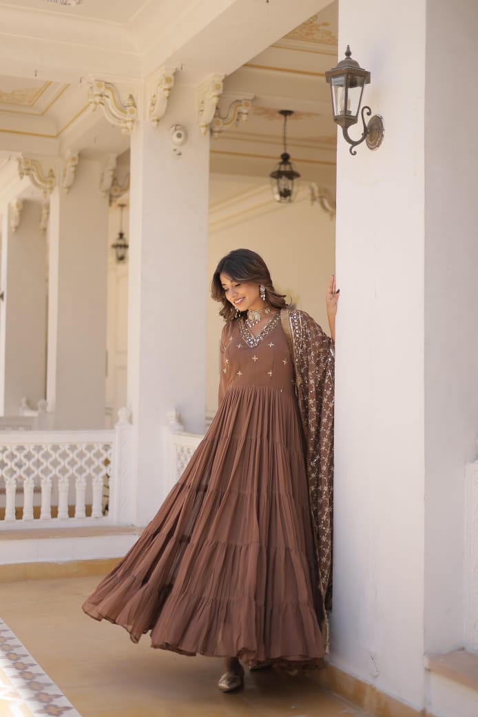 Ruffle Flair With Embroidery Work Coffee Color Gown