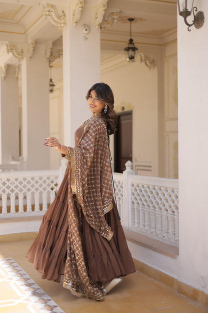 Ruffle Flair With Embroidery Work Coffee Color Gown