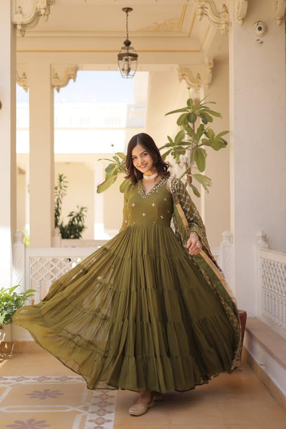 Ruffle Flair With Embroidery Work Mehendi Color Gown