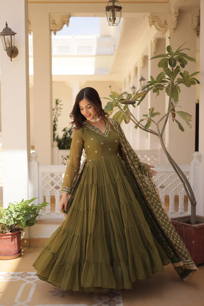 Ruffle Flair With Embroidery Work Mehendi Color Gown