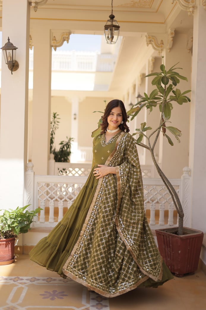 Ruffle Flair With Embroidery Work Mehendi Color Gown