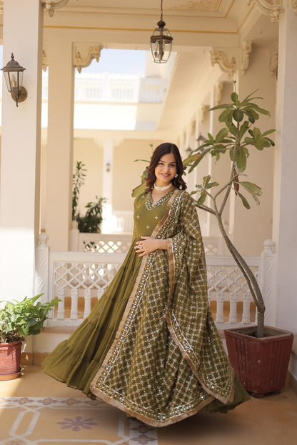 Ruffle Flair With Embroidery Work Mehendi Color Gown