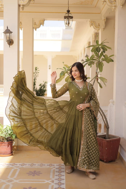 Ruffle Flair With Embroidery Work Mehendi Color Gown