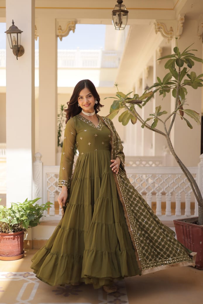 Ruffle Flair With Embroidery Work Mehendi Color Gown