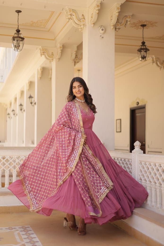 Ruffle Flair With Embroidery Work Dusty Pink Color Gown