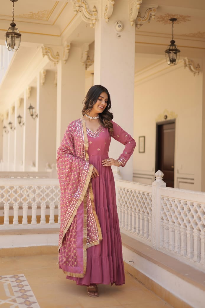 Ruffle Flair With Embroidery Work Dusty Pink Color Gown