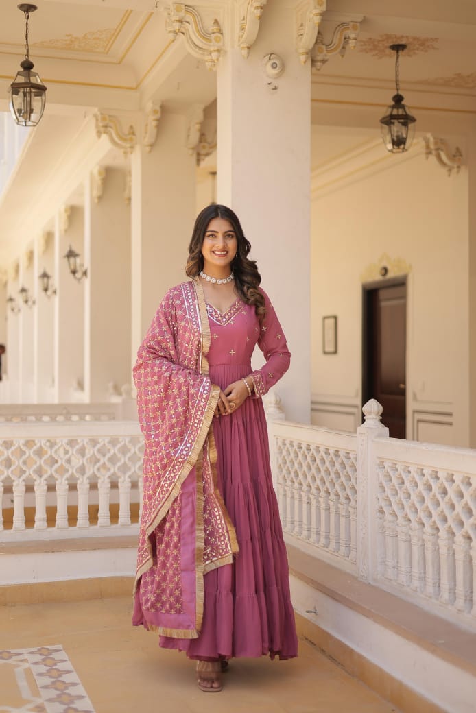 Ruffle Flair With Embroidery Work Dusty Pink Color Gown