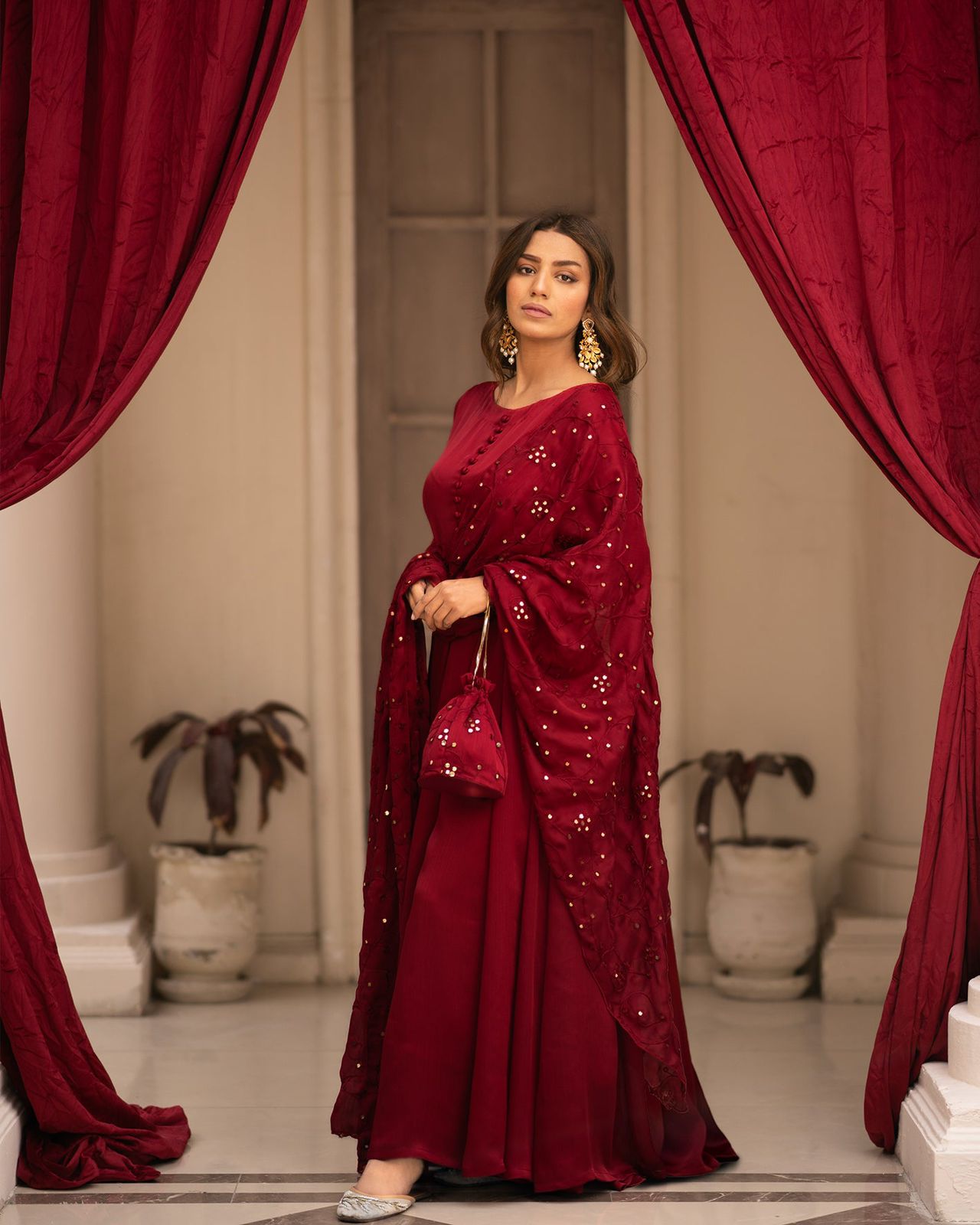 Festive Wear Maroon Plain Anarkali Suit With Work Dupatta