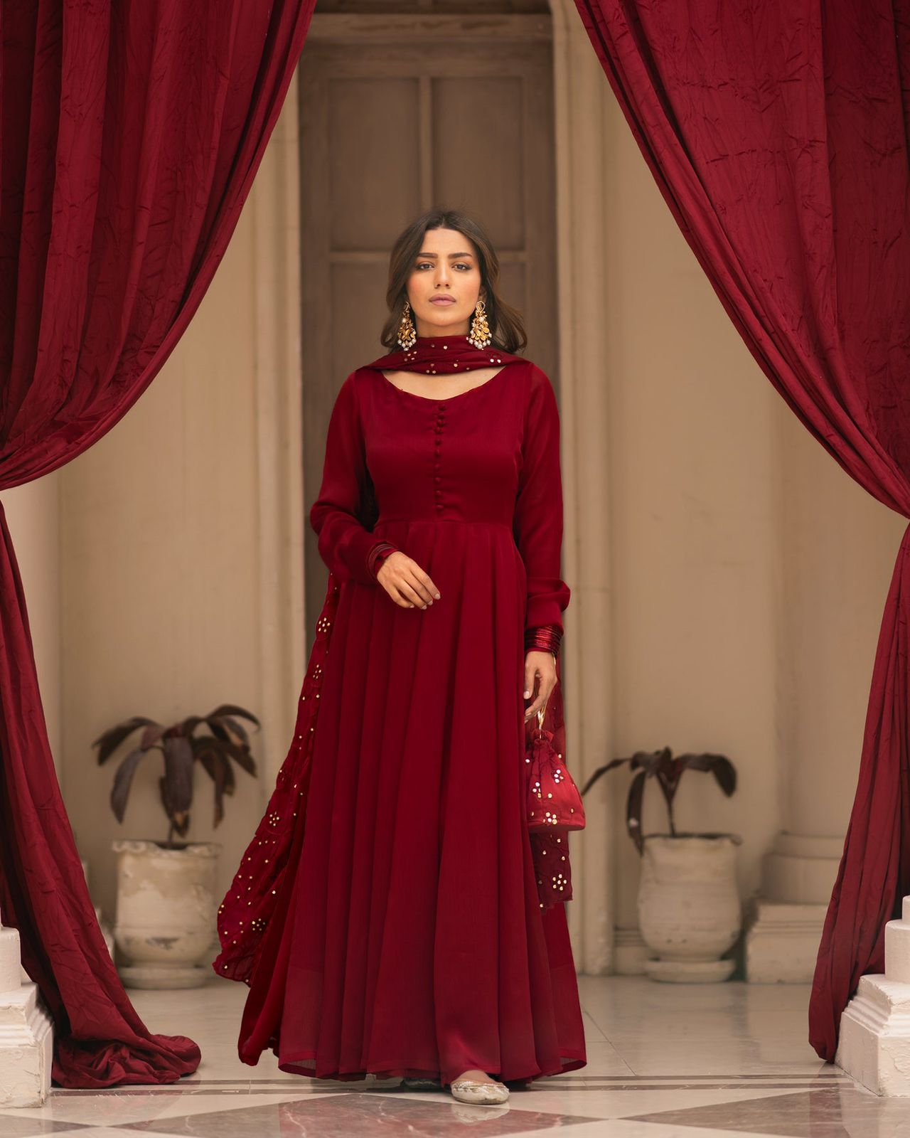 Festive Wear Maroon Plain Anarkali Suit With Work Dupatta