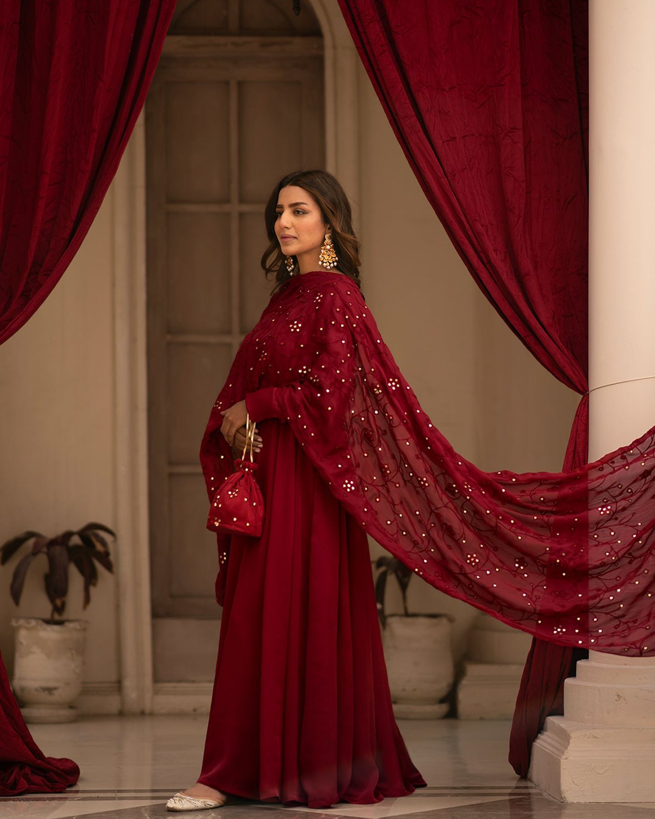 Festive Wear Maroon Plain Anarkali Suit With Work Dupatta