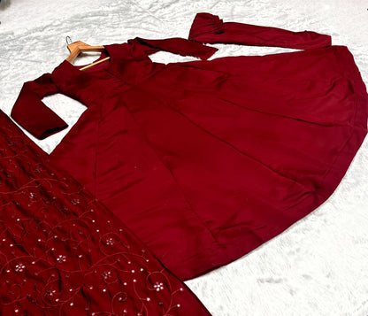 Festive Wear Maroon Plain Anarkali Suit With Work Dupatta