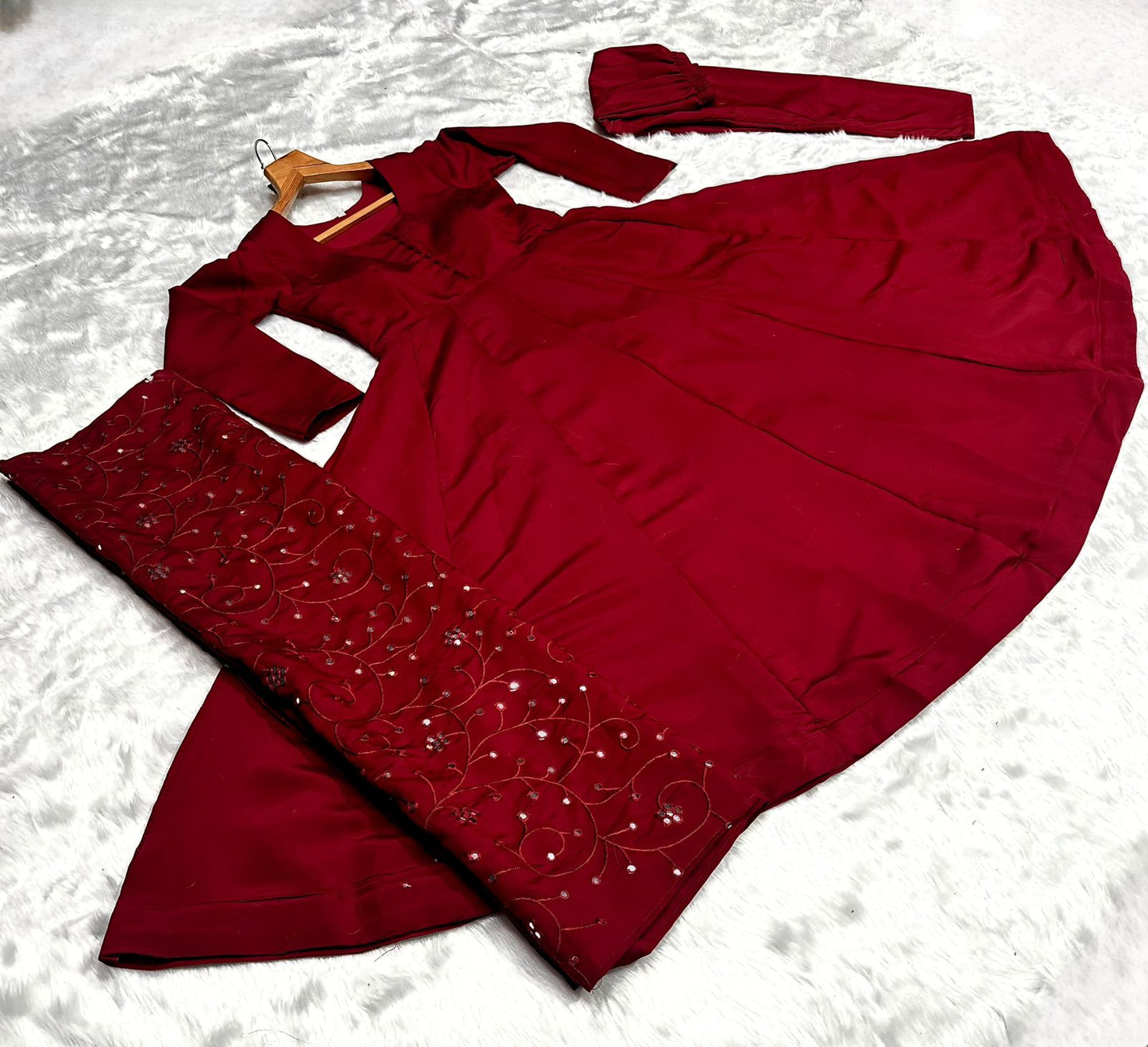 Festive Wear Maroon Plain Anarkali Suit With Work Dupatta