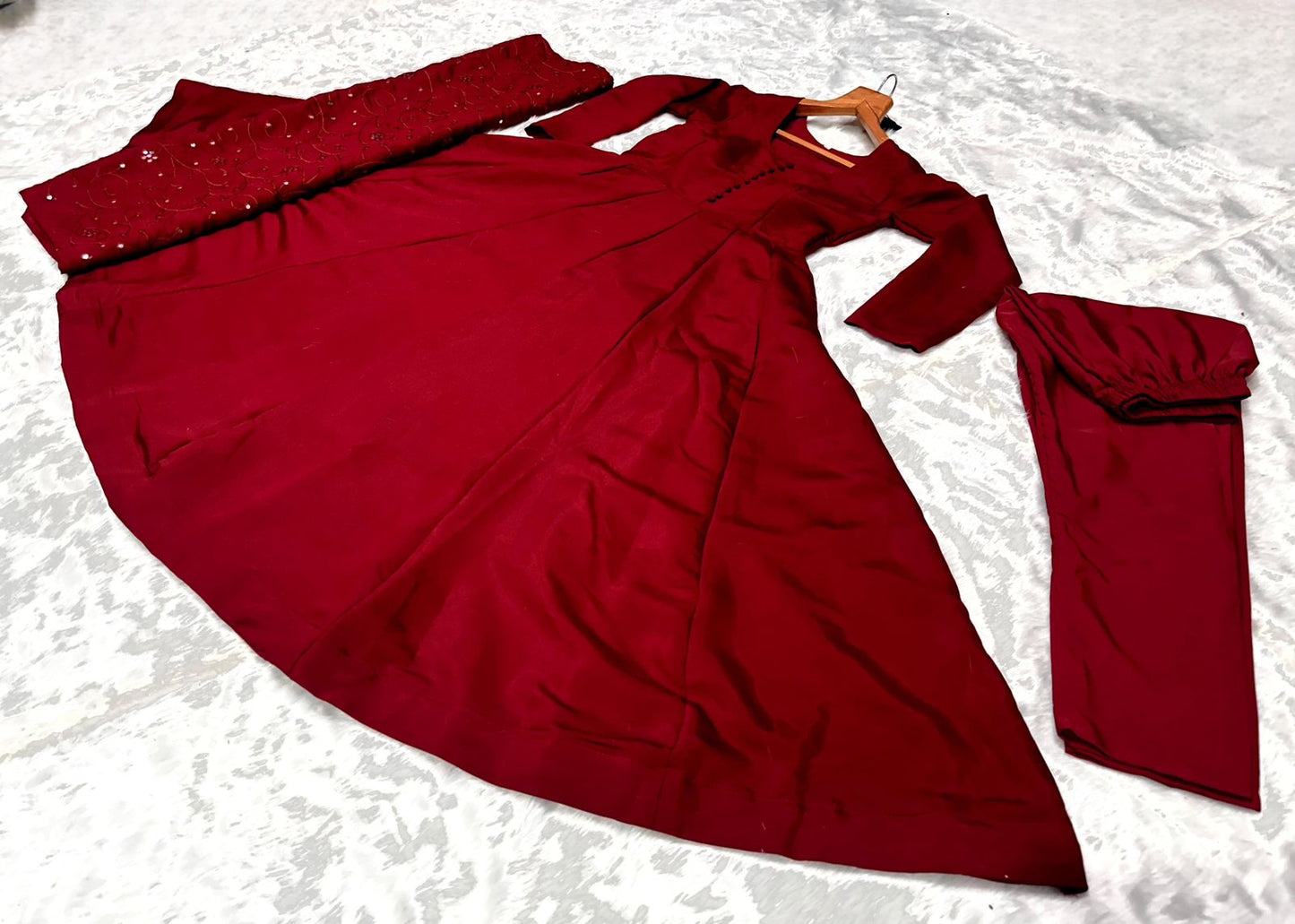 Festive Wear Maroon Plain Anarkali Suit With Work Dupatta