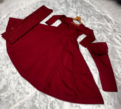 Festive Wear Maroon Plain Anarkali Suit With Work Dupatta