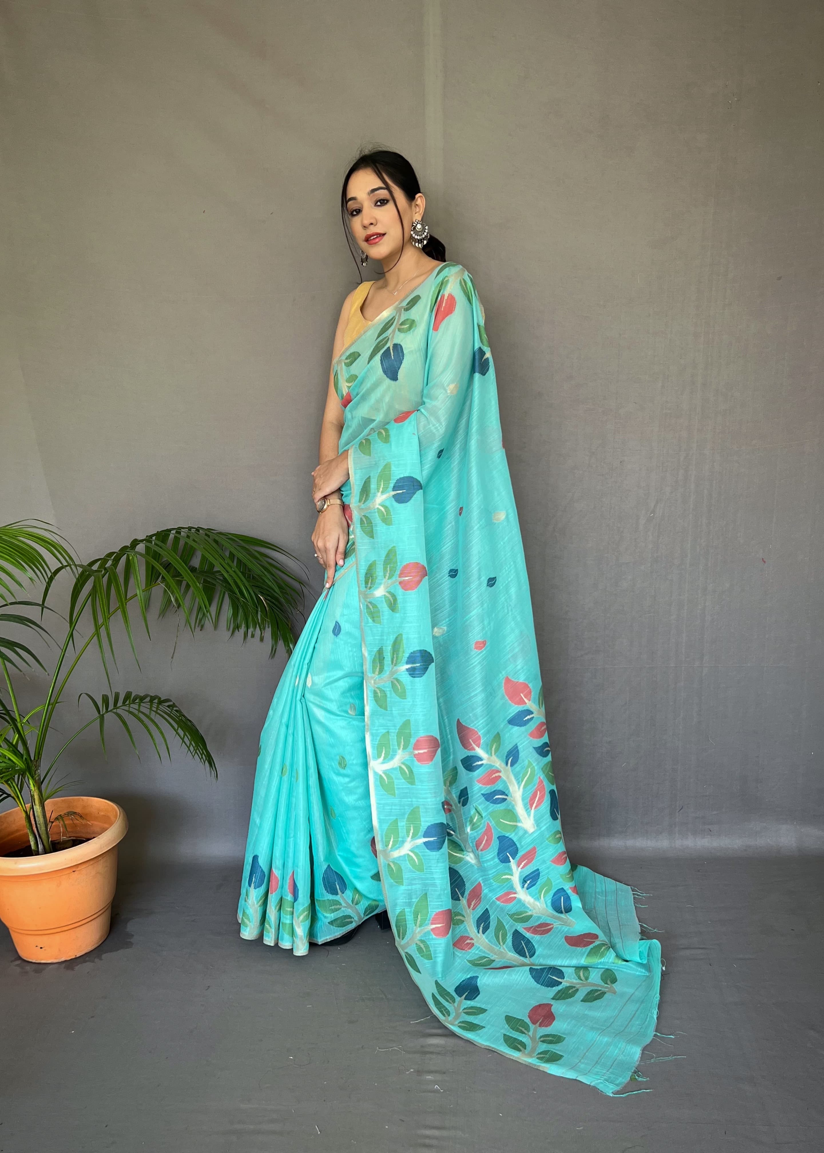 Beautiful Meenakari Work Aqua Blue Color Cotton Saree