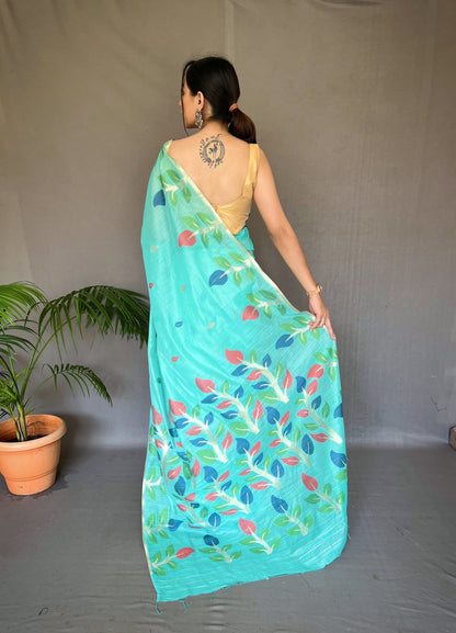 Beautiful Meenakari Work Aqua Blue Color Cotton Saree