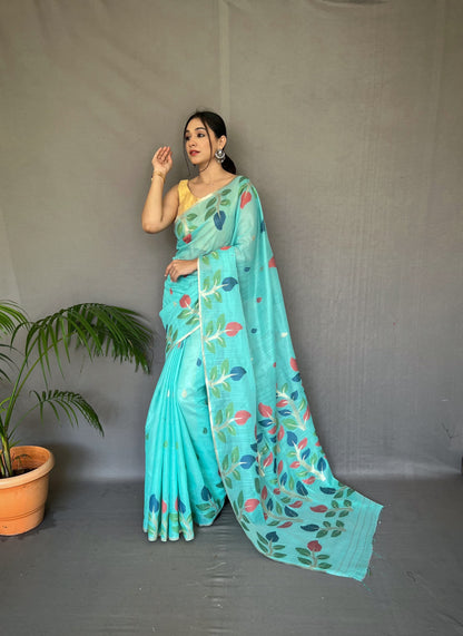 Beautiful Meenakari Work Aqua Blue Color Cotton Saree