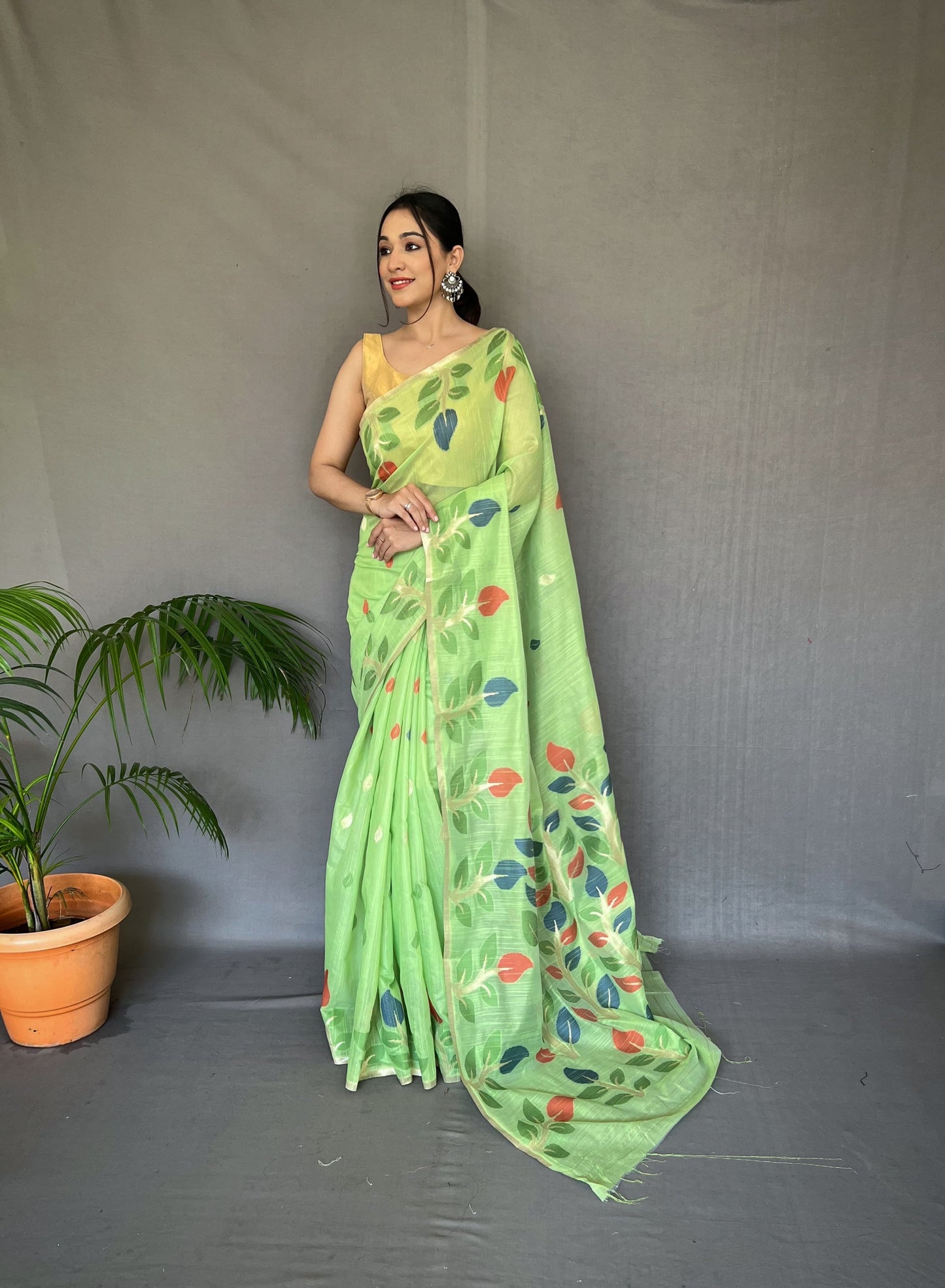 Beautiful Meenakari Work Green Color Cotton Saree