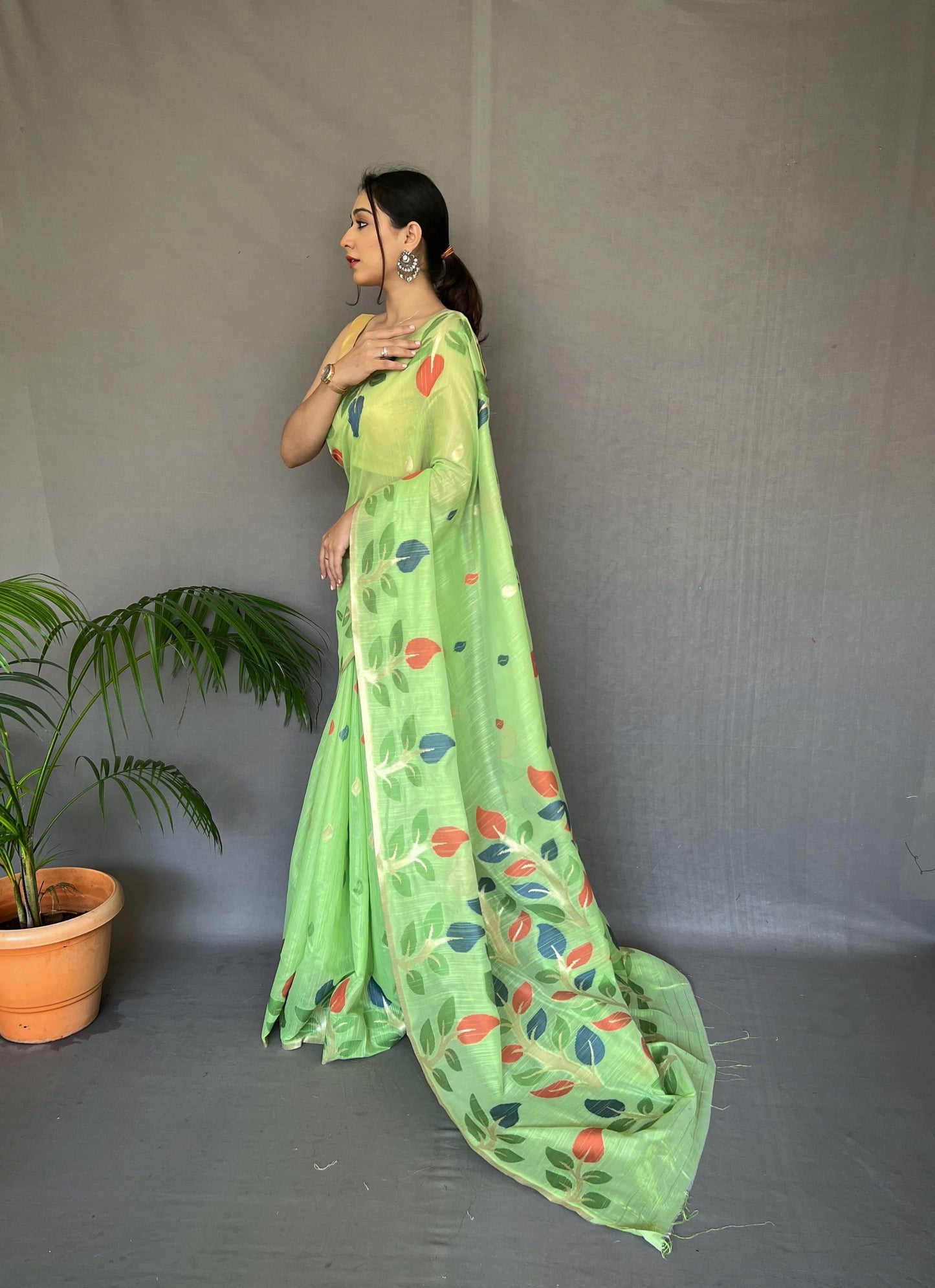 Beautiful Meenakari Work Green Color Cotton Saree