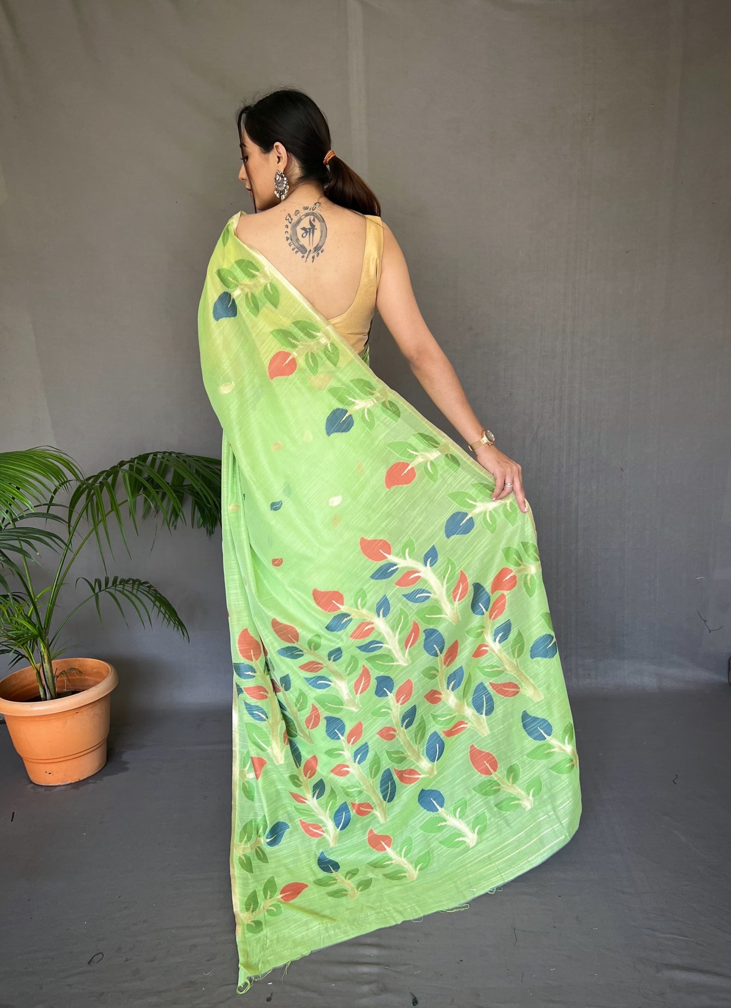 Beautiful Meenakari Work Green Color Cotton Saree