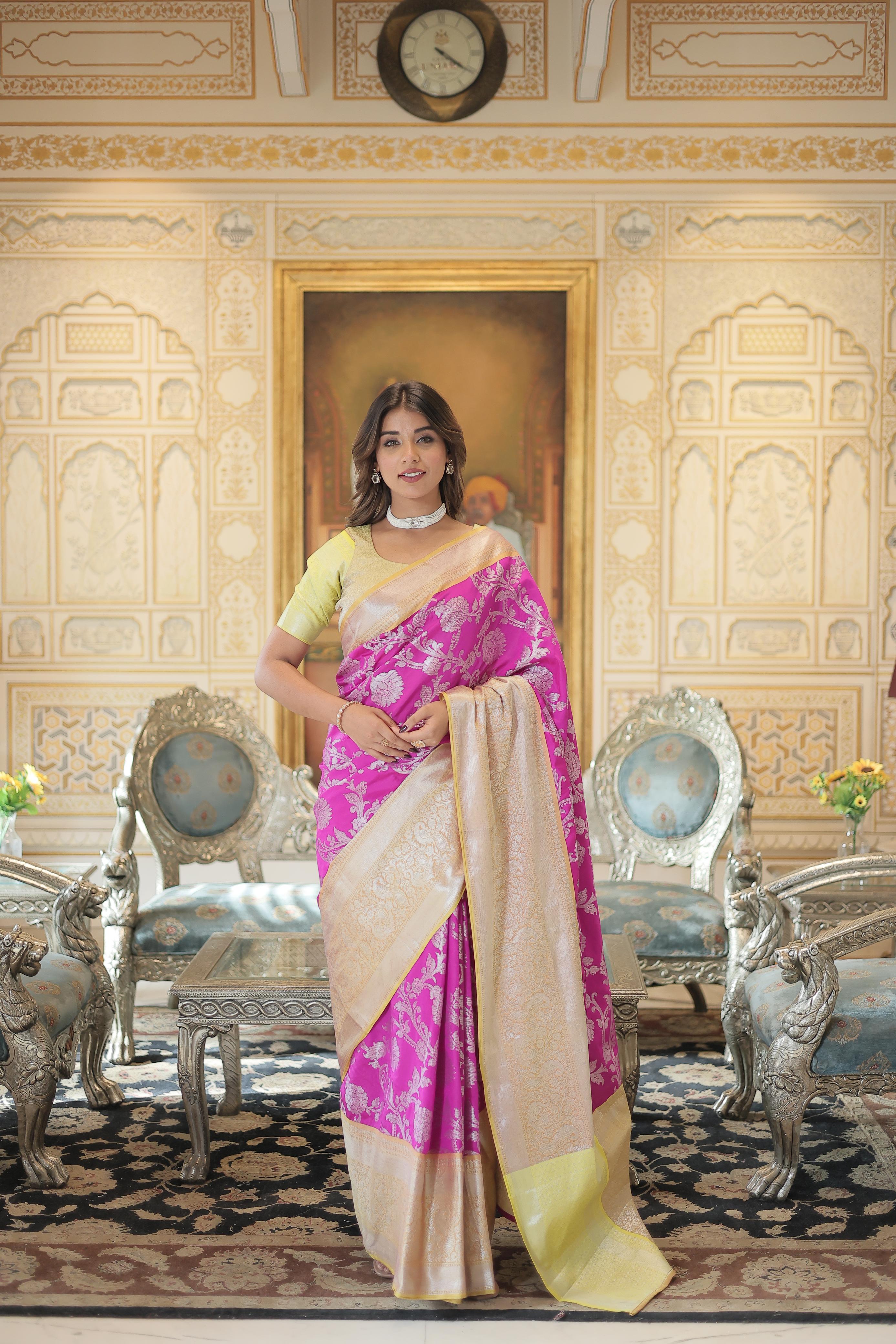 Designer Golden Zari Weaving Border Pink Color Saree