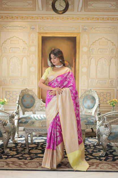 Designer Golden Zari Weaving Border Pink Color Saree