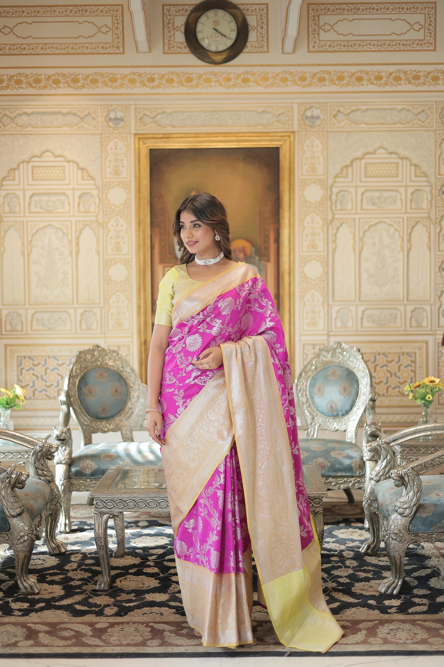 Designer Golden Zari Weaving Border Pink Color Saree