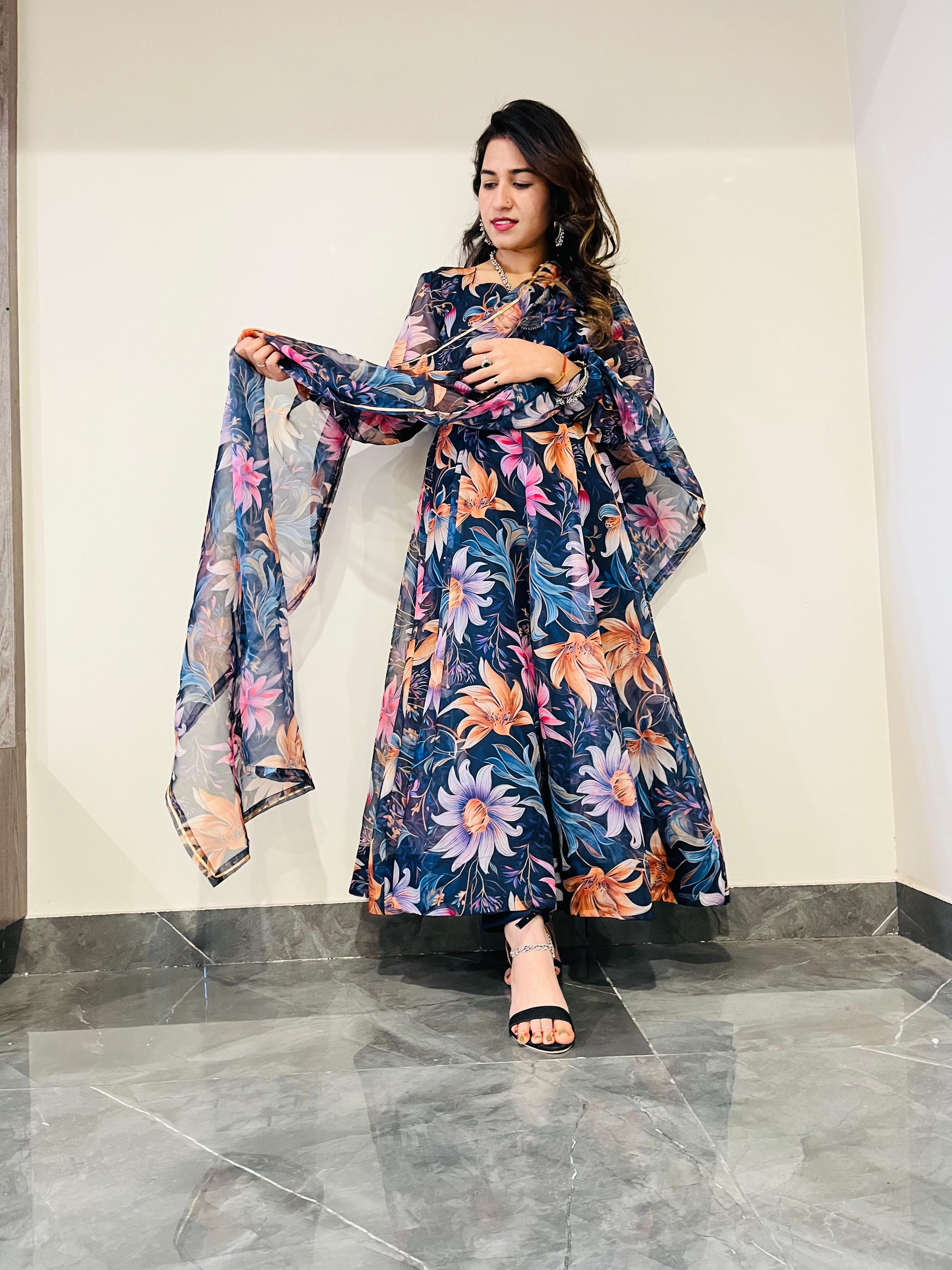 Fairy Look Navy Blue Digital Print Anarkali Gown