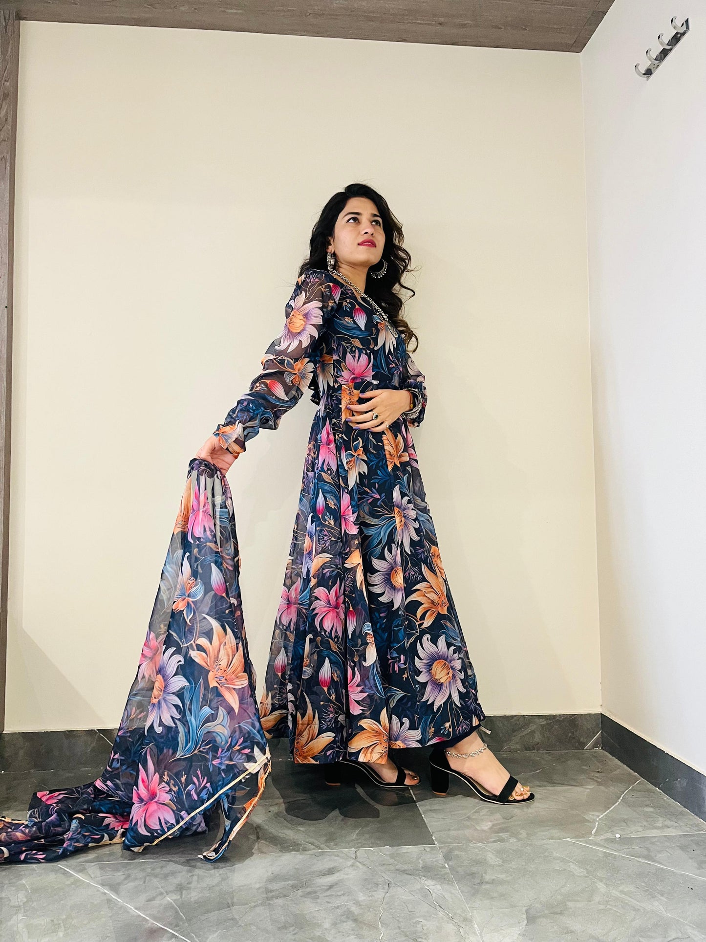 Fairy Look Navy Blue Digital Print Anarkali Gown