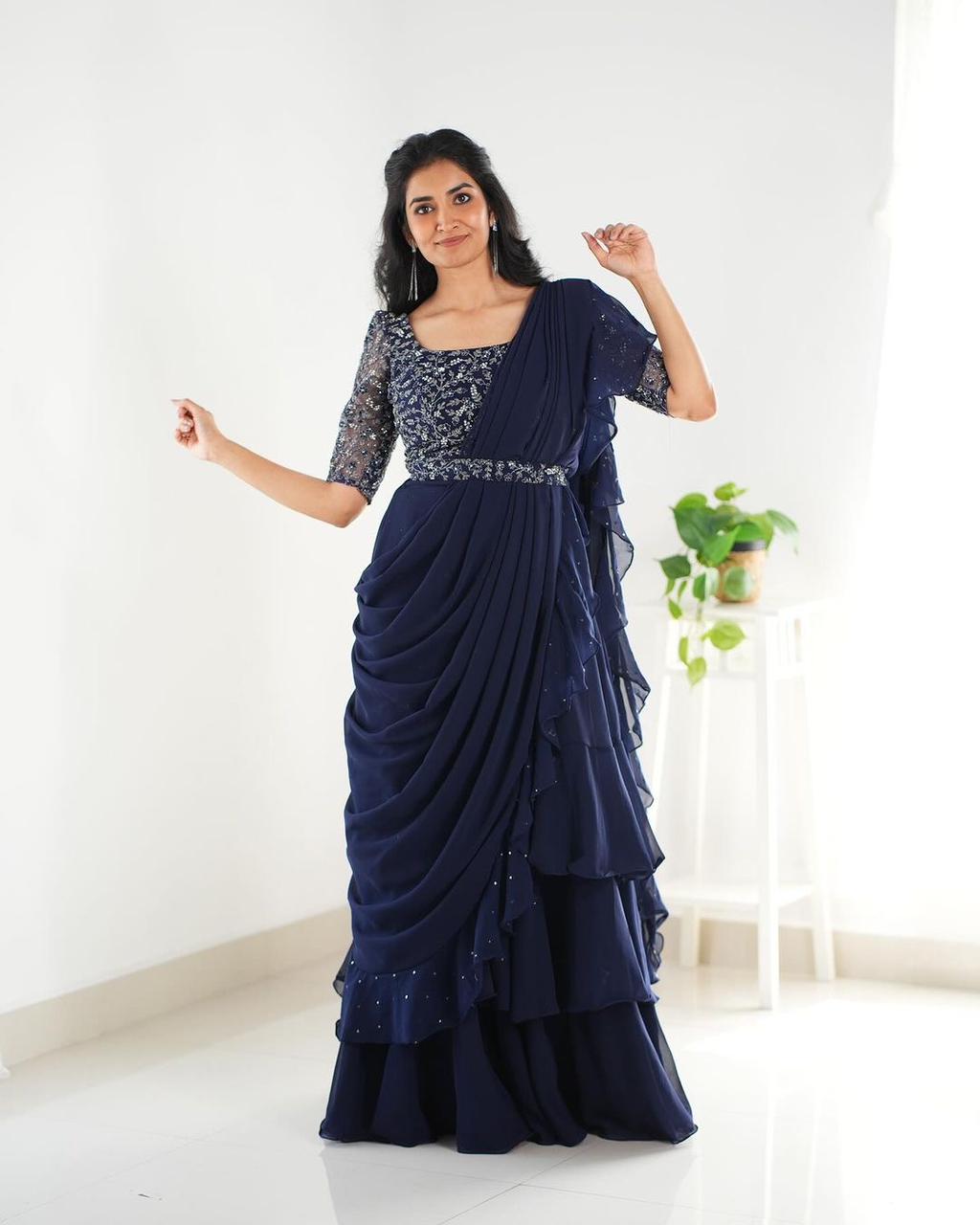 Party Wear Shining Work Navy Blue Lehenga Saree