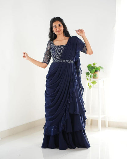 Party Wear Shining Work Navy Blue Lehenga Saree