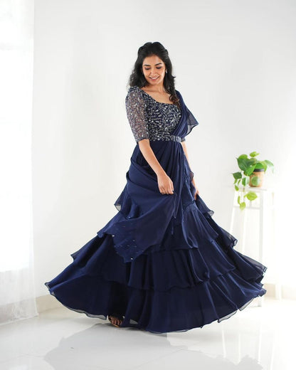 Party Wear Shining Work Navy Blue Lehenga Saree